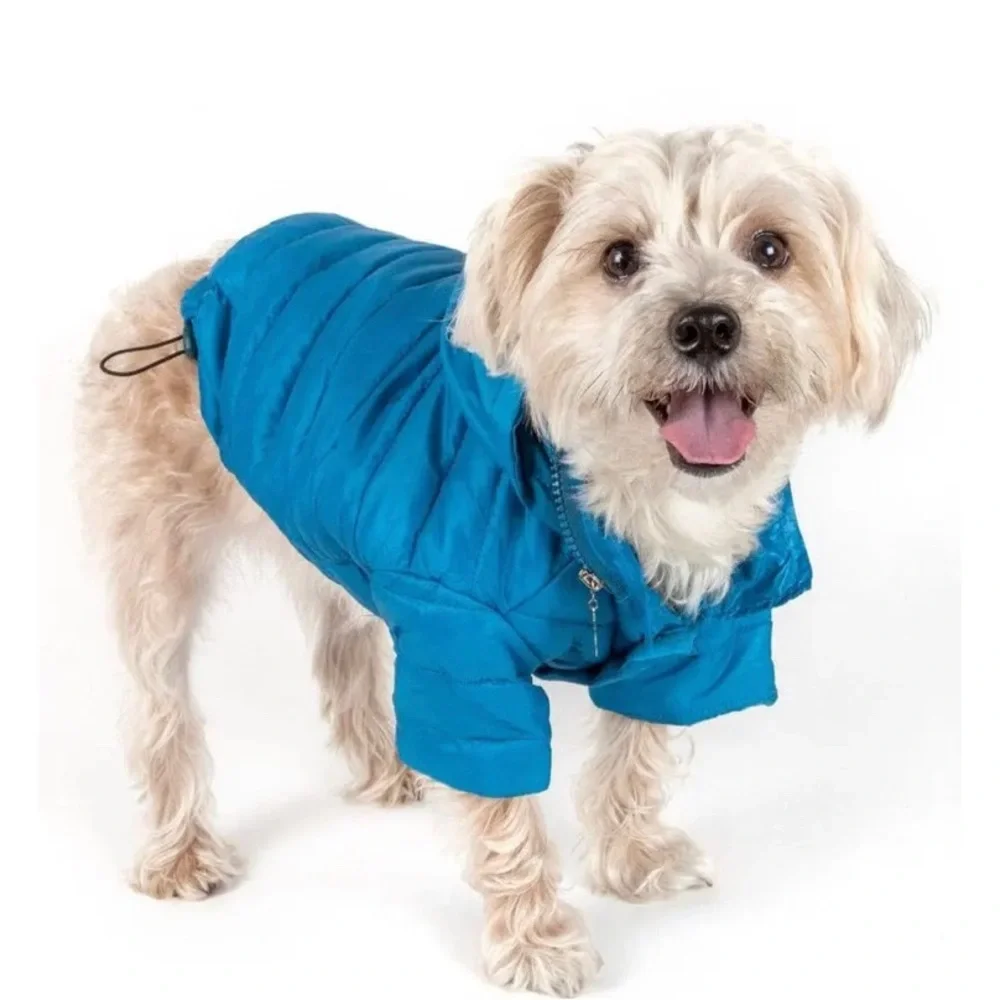 PET LIFE ADJUSTABLE BLUE SPORTY AVALANCHE DOG COAT WITH POP OUT ZIPPERED HOOD XL